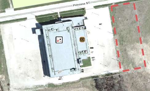 Arial view of 850 Princess Street with location of pool indicated 