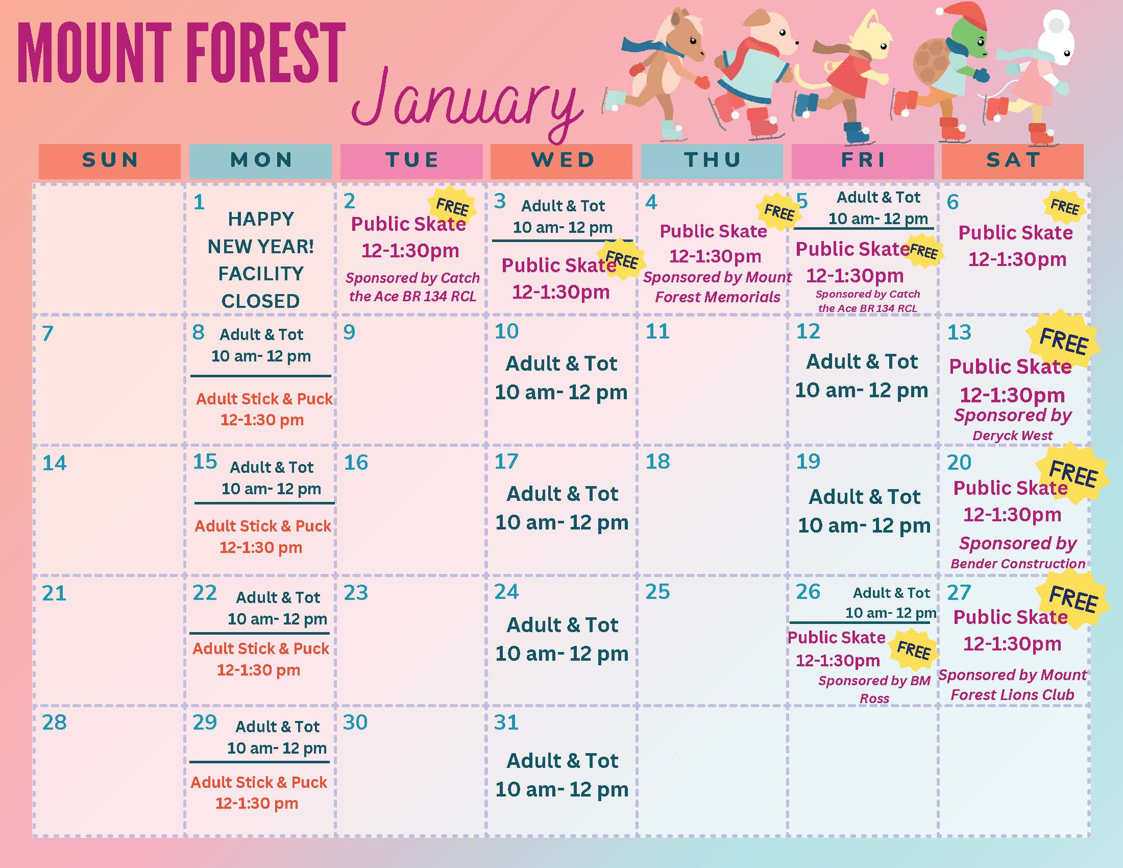 Image of January Public Skate Calendar for Mount Forest