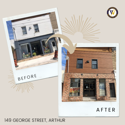 Before and after renovation of building facade