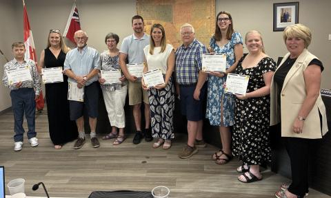 Wellington North recognized nine residents with Volunteer Service Awards on Monday, June 23. Pictured, from left: Flynn Wettlaufer, Sharon Wenger, Al Rawlins, Bev Fettes, Nick Hansen, Jessica McFarlane, Chris McIntosh, Mikayla Humphrey, Kelsey Lennox, and Councillor Sherry Burke, who presented the awards. 