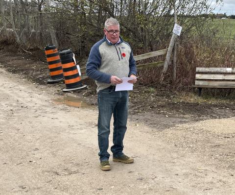 Councillor Steve McCabe speaking at the West Luther Rail Trail.